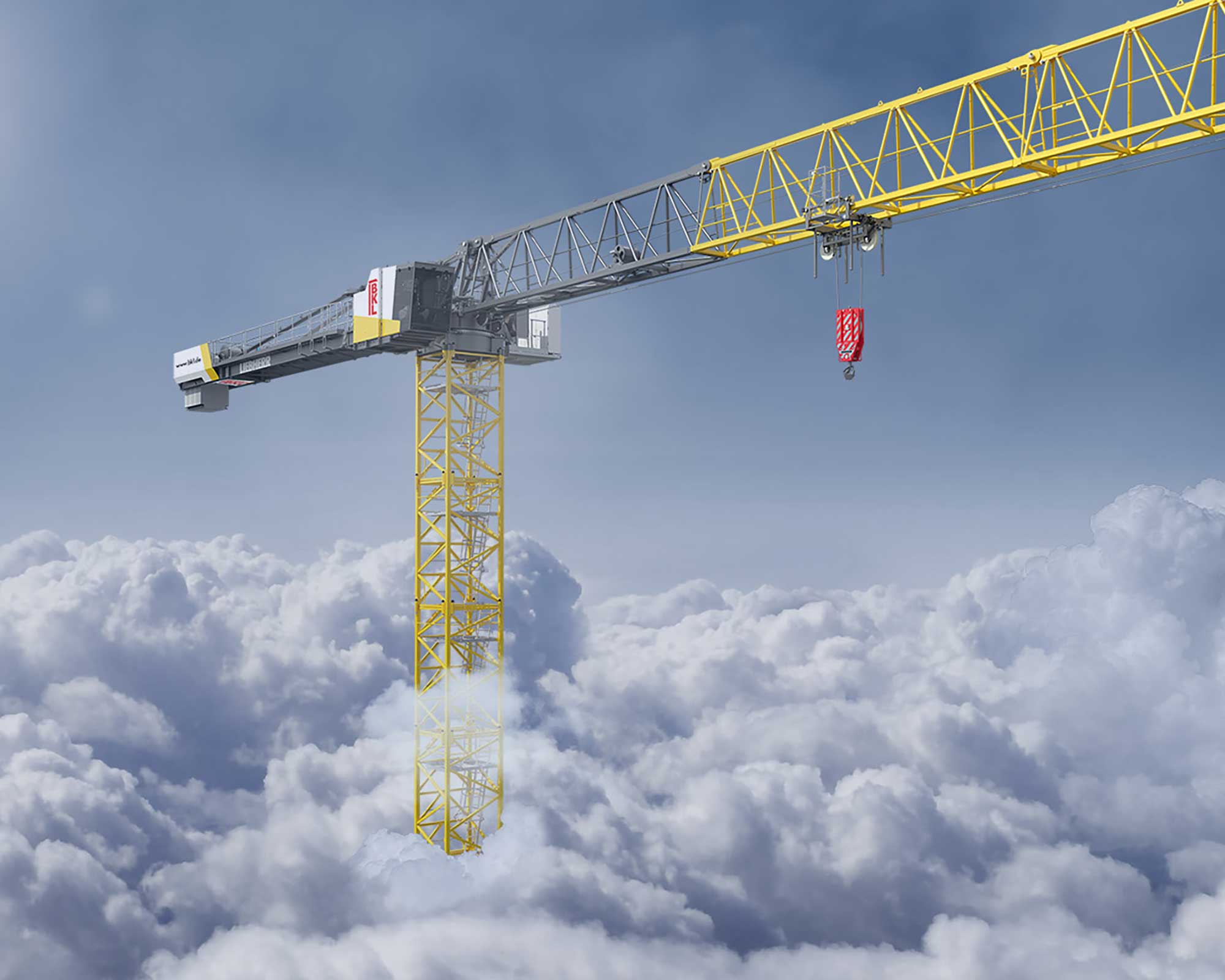 BKL Turmdrehkran über den Wolken, symbolisiert höchste Präzision und sichere Kranlogistik für anspruchsvolle Bauprojekte.