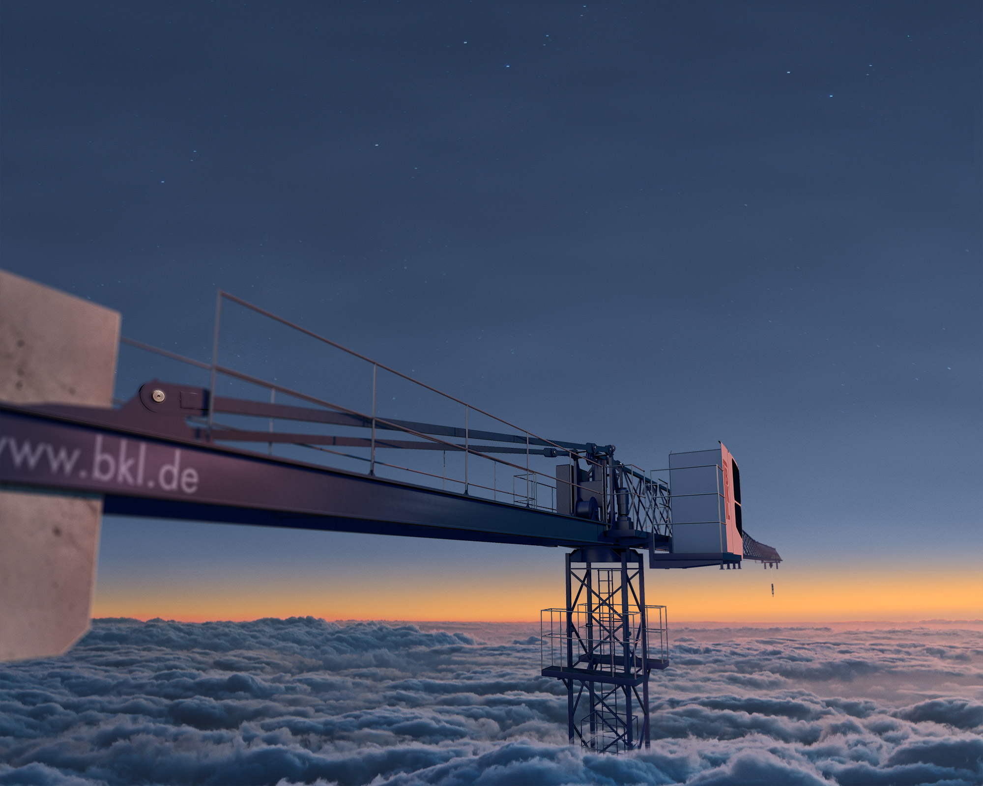 A used tower crane protrudes through the cloud cover, representative image for used cranes buy