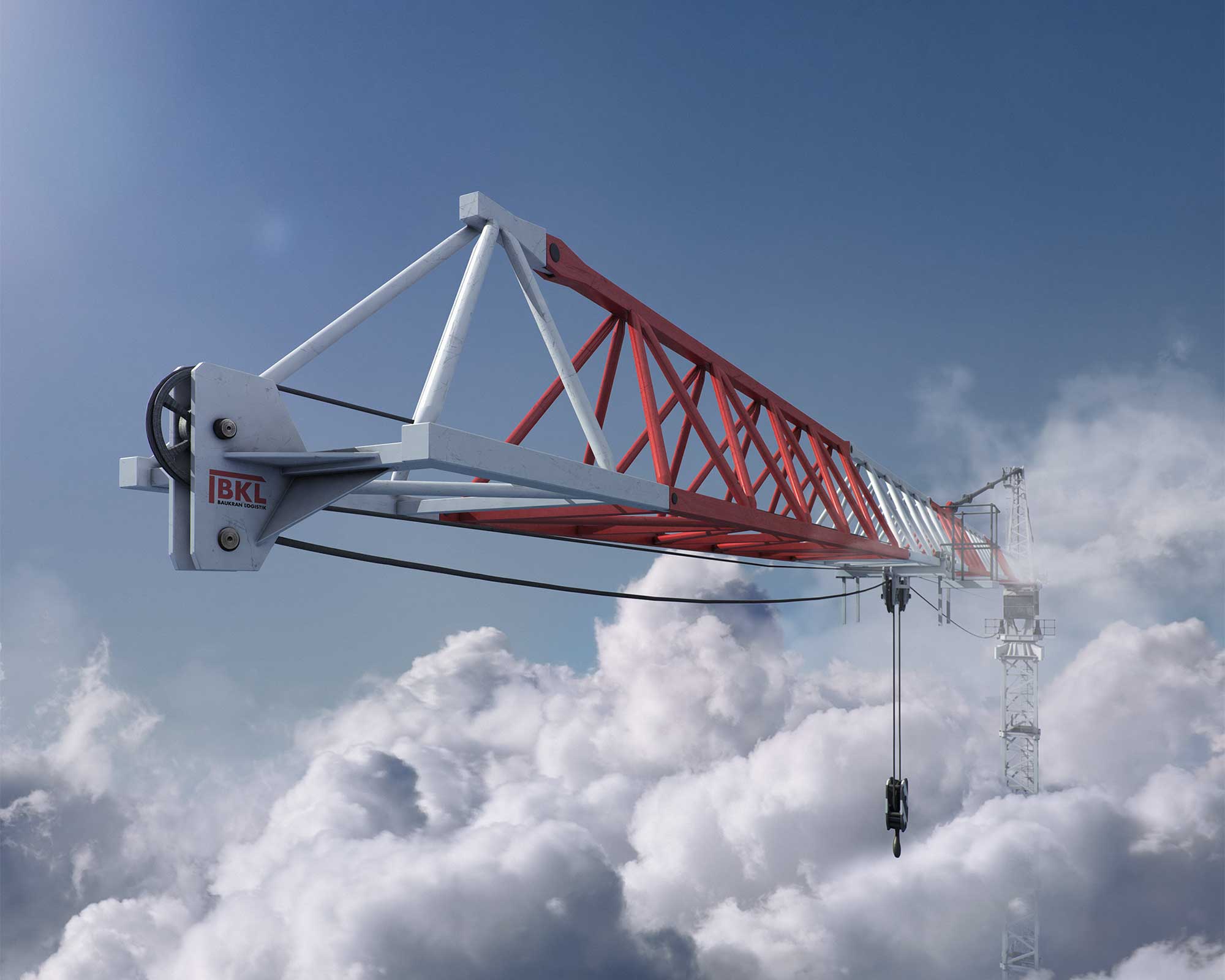 BKL Turmdrehkran Ausleger in Rot-Weiß mit Haken vor blauem Himmel und Wolken für Bauprojekte