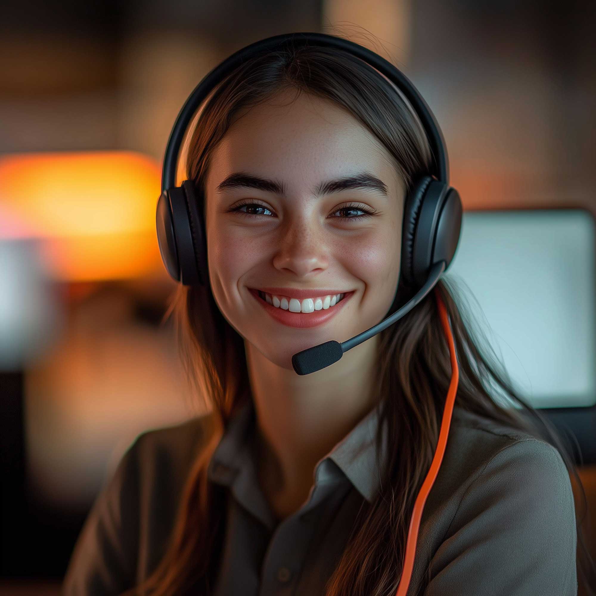 Freundliche BKL Mitarbeiterin mit Headset symbolisiert Kommunikation und Service für BKL Kran News, Blog-Berichte und den BKL Newsletter.