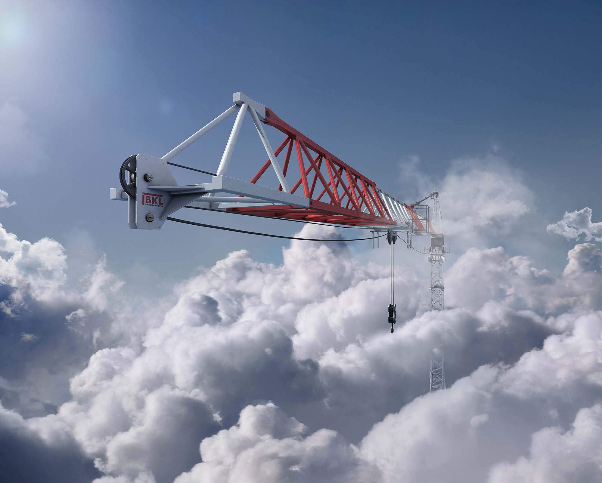 BKL Kranverleih Imagebild rot-weißer Baukran über den Wolken