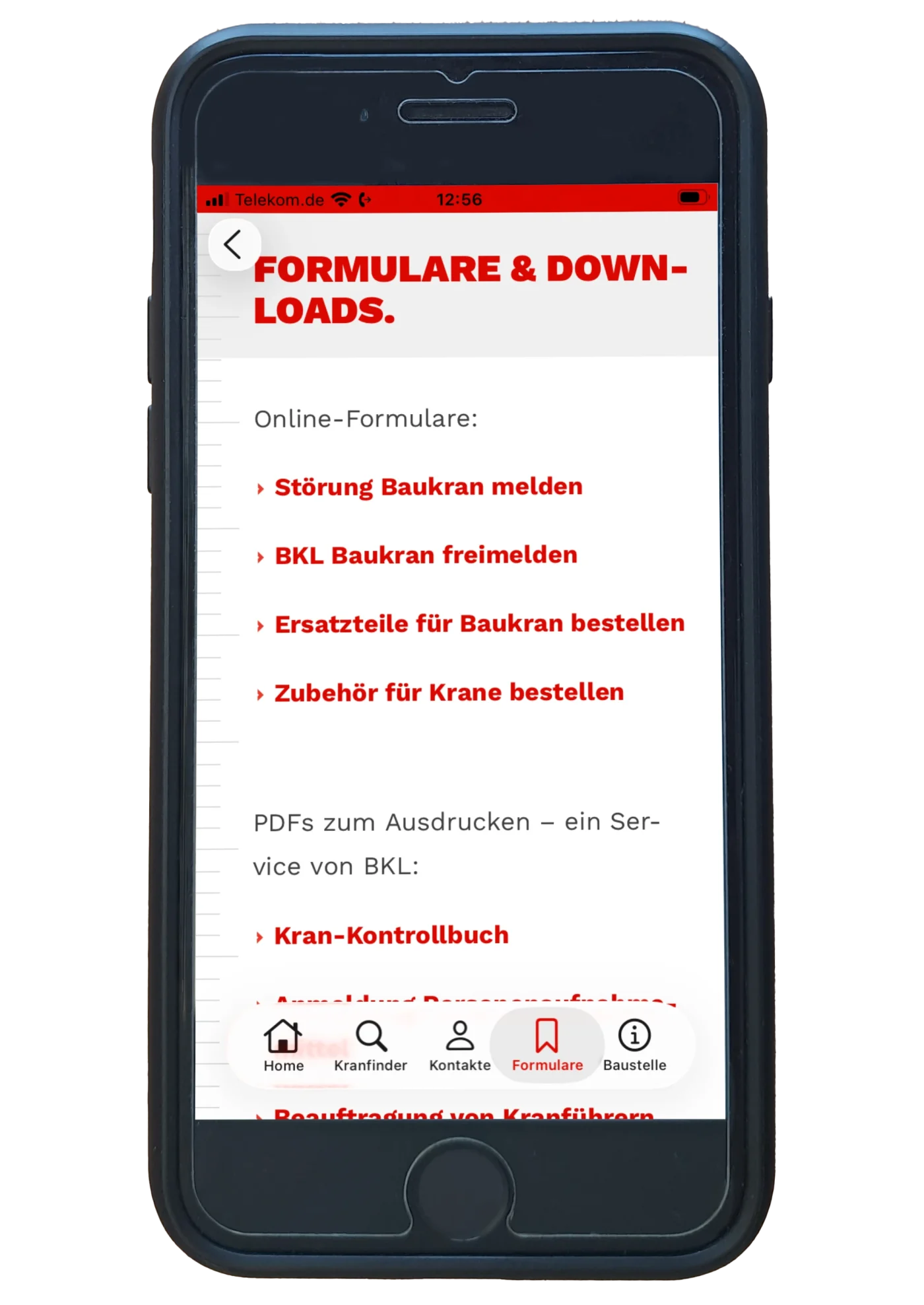 Die Kran-App "Mein BKL" der BKL Baukran Logistik GmbH: Online-Formulare und Downloads