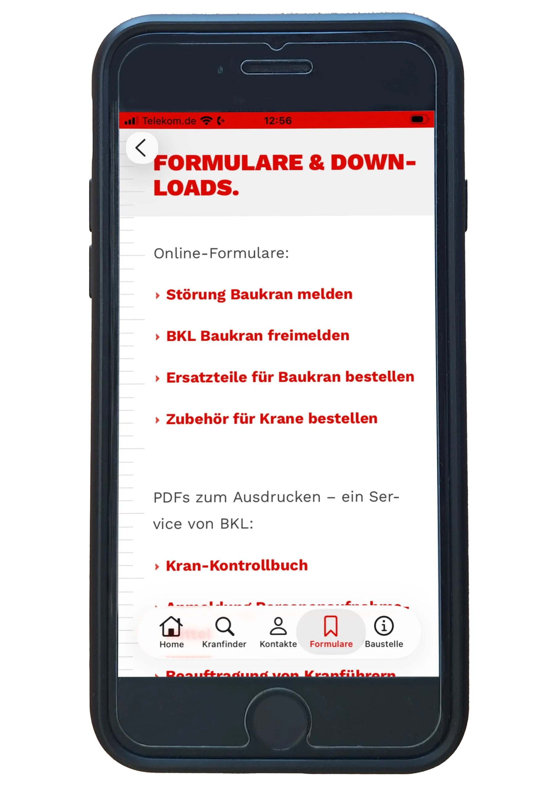 Die Kran-App "Mein BKL" der BKL Baukran Logistik GmbH: Online-Formulare und Downloads