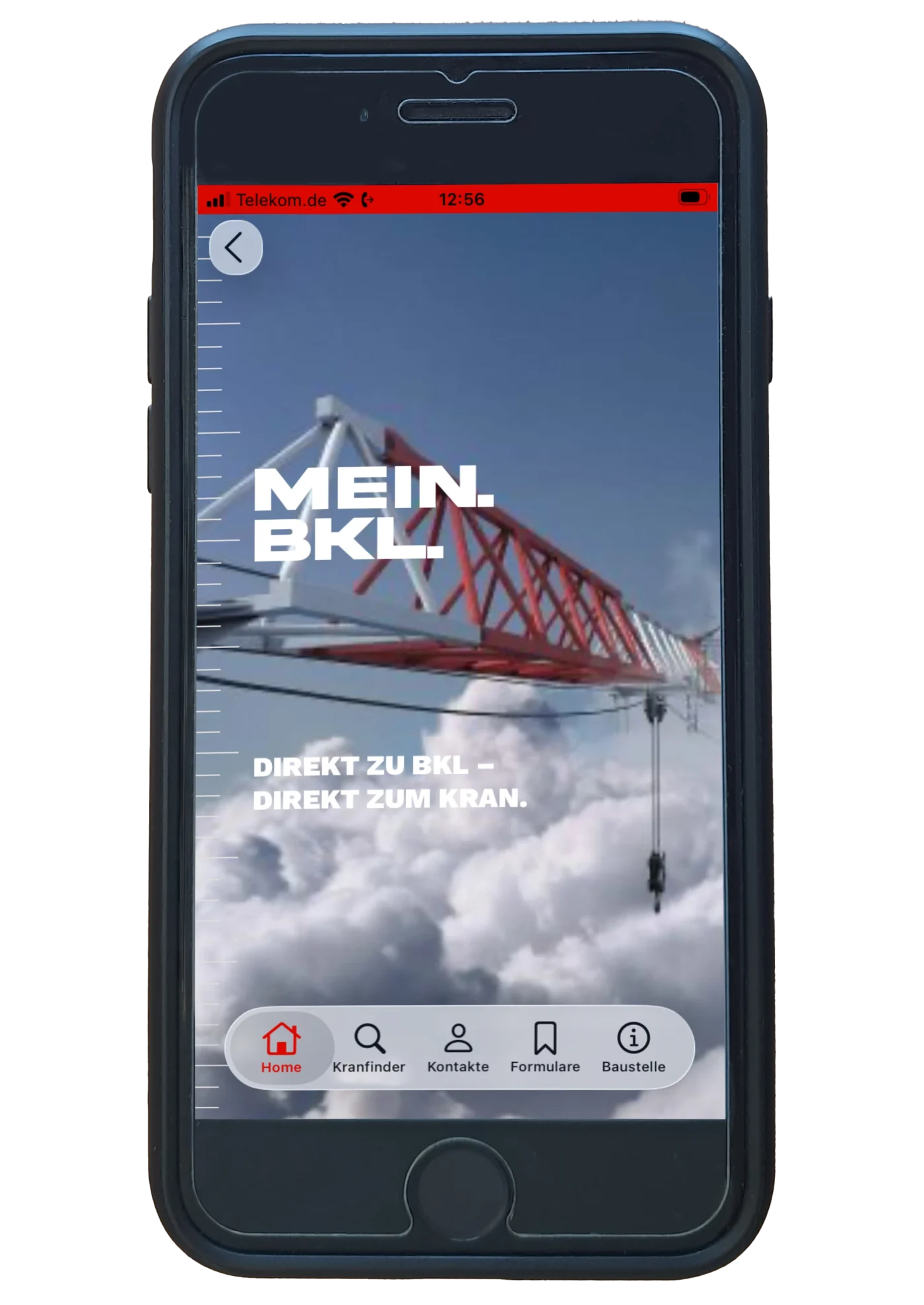 Die Kran-App "Mein BKL" der BKL Baukran Logistik GmbH: Startbildschirm
