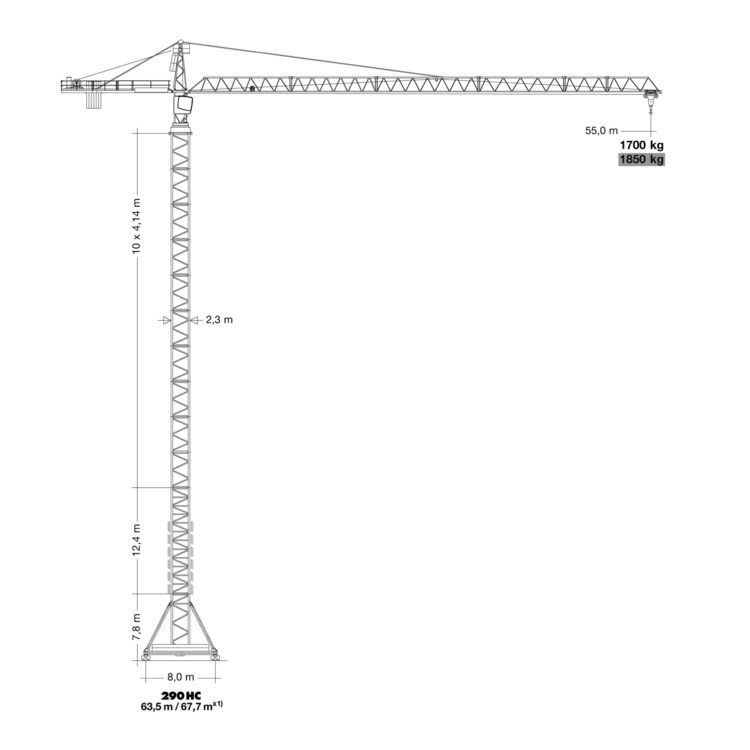 Technical drawing with the dimensions of the Liebherr 132 EC-H 8 Litronic tower crane