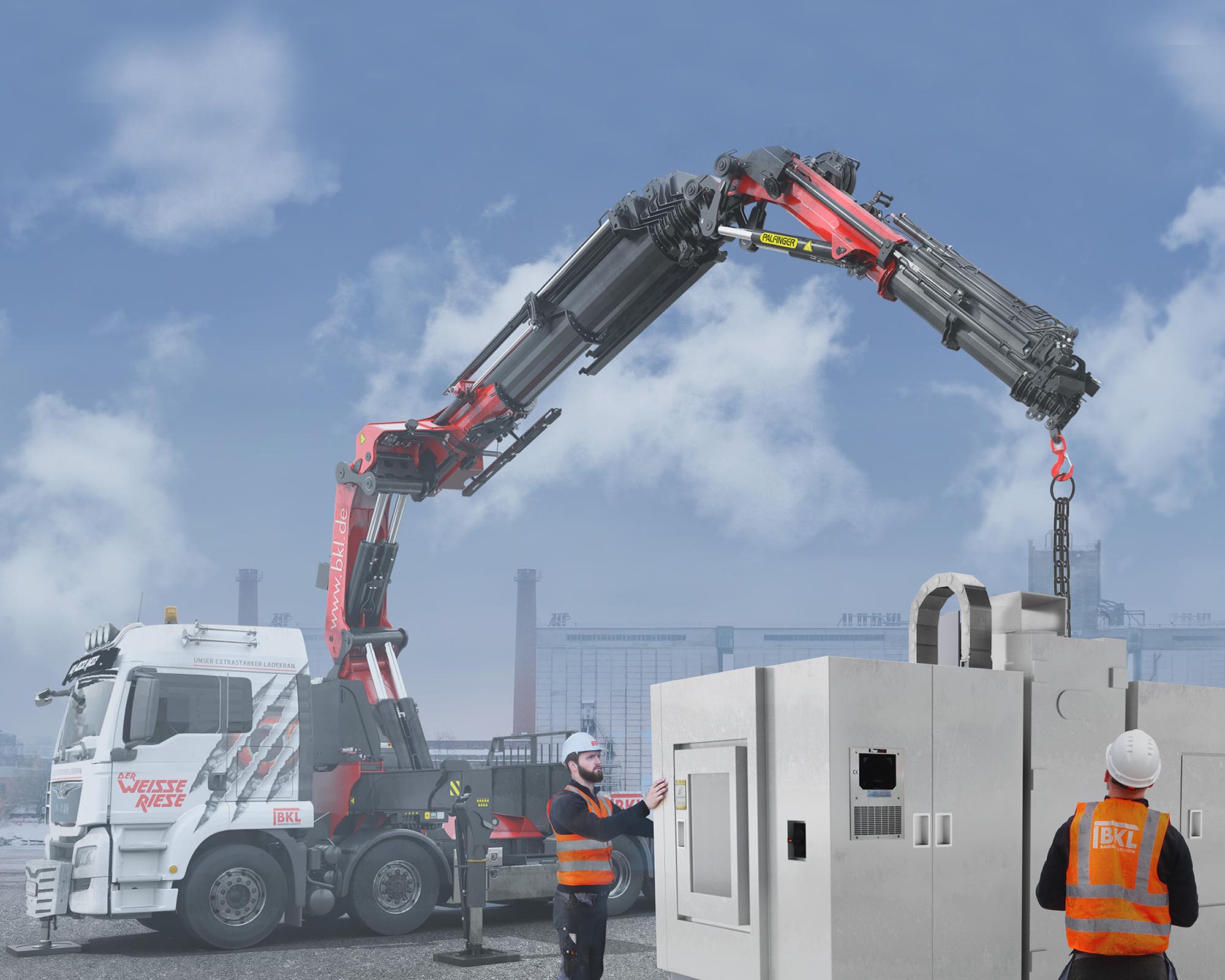 BKL loader crane in use for transport and assembly, hydraulic loader crane for hire with up to 32 m outreach and 85 metric tons load moment.
