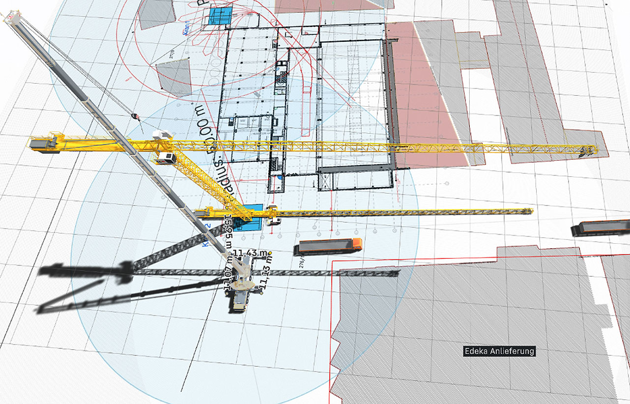 Zeichnung einer CAD-Planung durch BKL für den Aufbau eines Krans unter Berücksichtigung der örtlichen Gegebenheiten